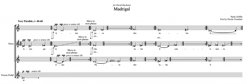 A fragment of the score for Paolo Griffin's composition, Madrigal.